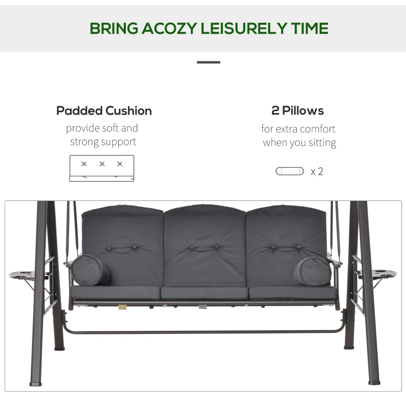 Outsunny Outdoor Patio 3-Person Steel Canopy Cushioned Seat Bench Swing with Included Side Trays & Padded Comfort, Dark Grey