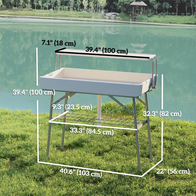 Outsunny 3.5ft Folding Ice Cooler Table with Drain, 2-Tier Outdoor Patio Party Cooler, Fishing Cleaning Table with Storage Shelf for Picnic BBQ Camping Wedding, White