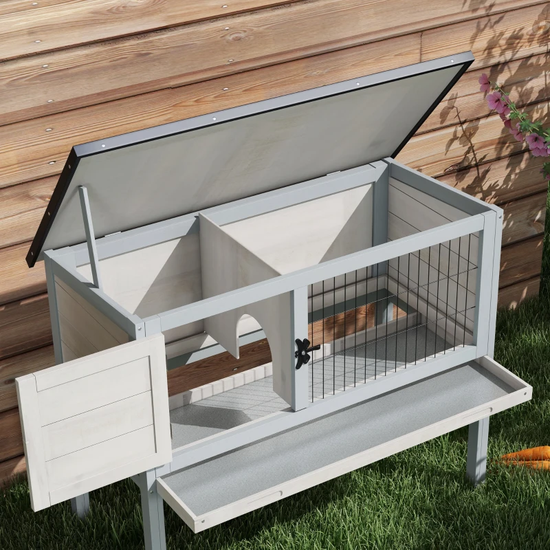PawHut Wooden Rabbit Hutch with Openable Asphalt Roof, Tray, Light Grey
