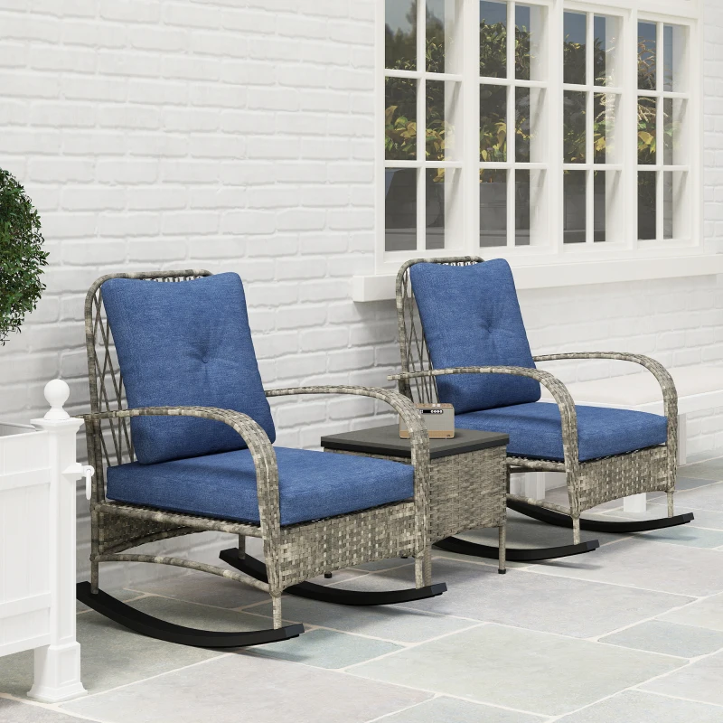Outsunny 3 Piece Wicker Patio Furniture Set, Outdoor PE Rattan Rocking Chairs with Coffee Table, Cushions for Porch, Gray