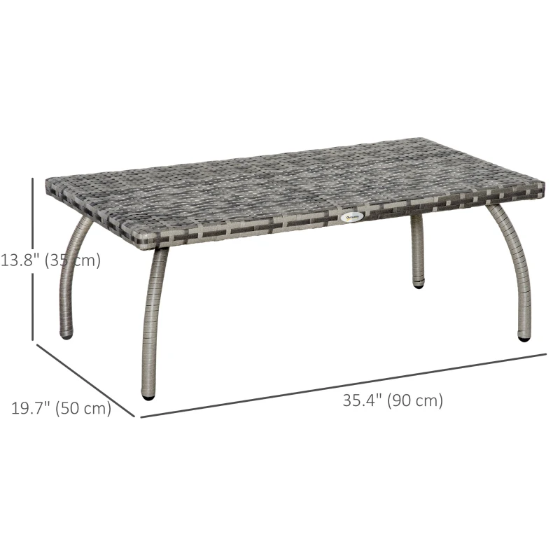 Outsunny Rattan Coffee Table Outdoor Side Table, 35.4" x 19.7" Small Wicker Patio Furniture with All-Weather PE for Garden, Balcony, Backyard, Poolside, Grey