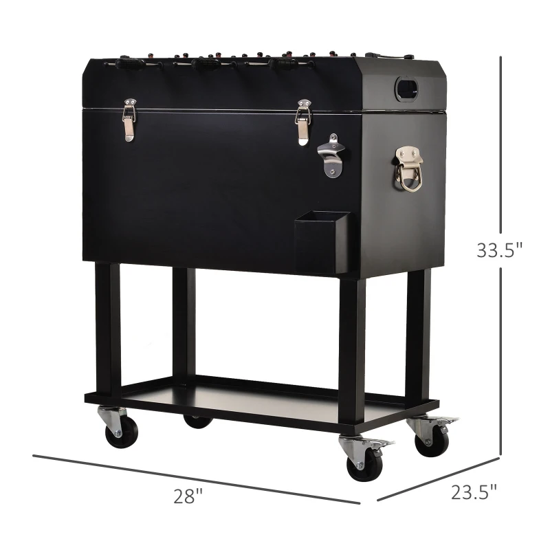 Outsunny 68QT Patio Cooler Ice Chest with Foosball Table Top, Portable Poolside Party Bar Cold Drink Rolling Cart on Wheels with Tray Shelf Black