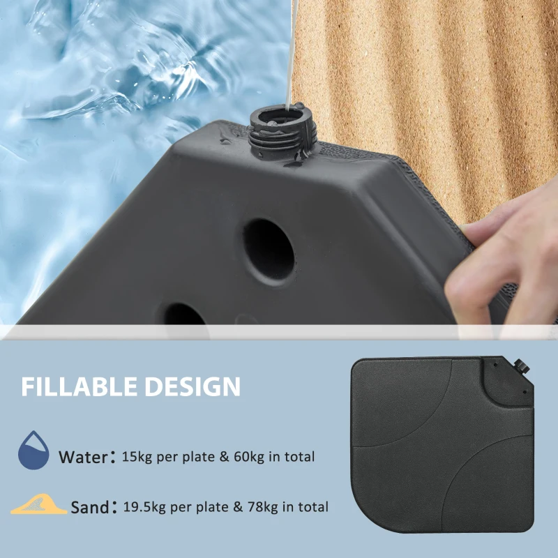 Outsunny 4 Piece Umbrella Base Stand w/ U Locking, 132 lb Capacity Water or 172 lb Capacity Sand, Black