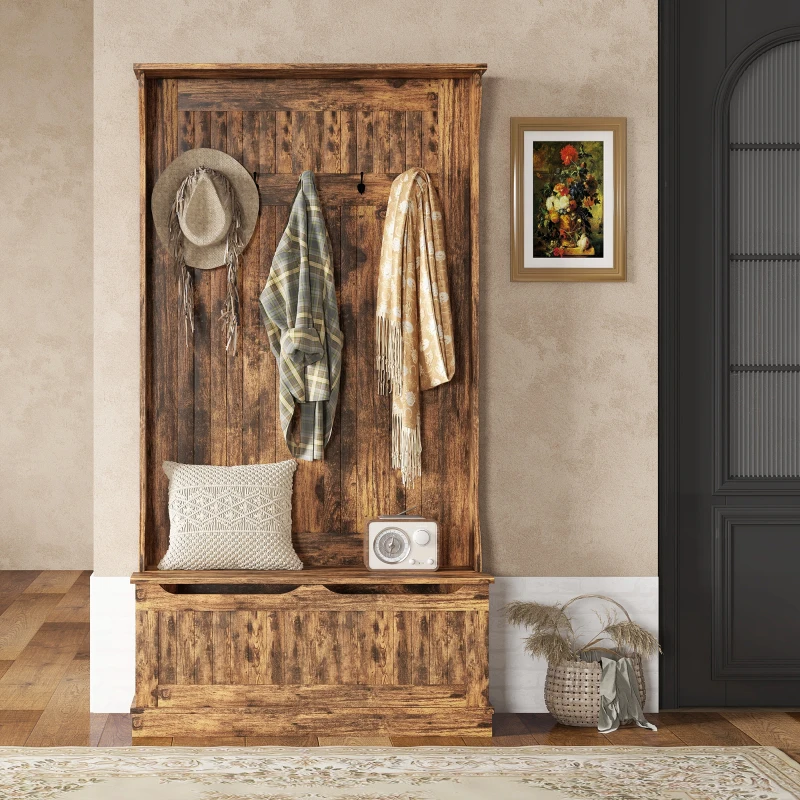 HOMCOM 3-In-1 Entryway Bench with Coat Rack, Hall Tree with Bench and Shoe Storage, 5 Hooks for Hallway Rustic Brown