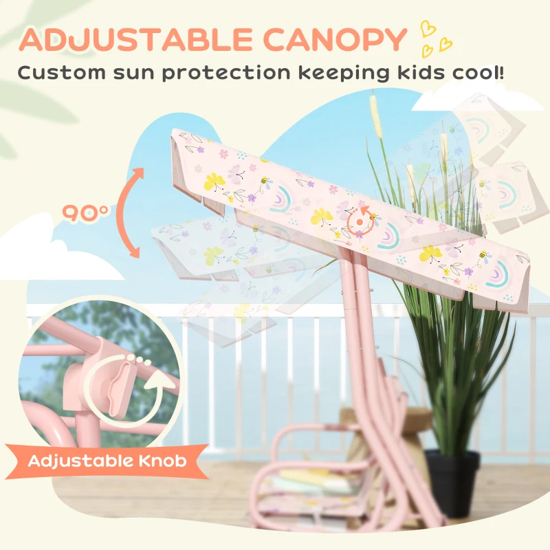 Qaba Kids Patio Swing Chair with Adjustable Canopy, Safety Belt for Patio, Garden, Poolside, Balcony, Pink