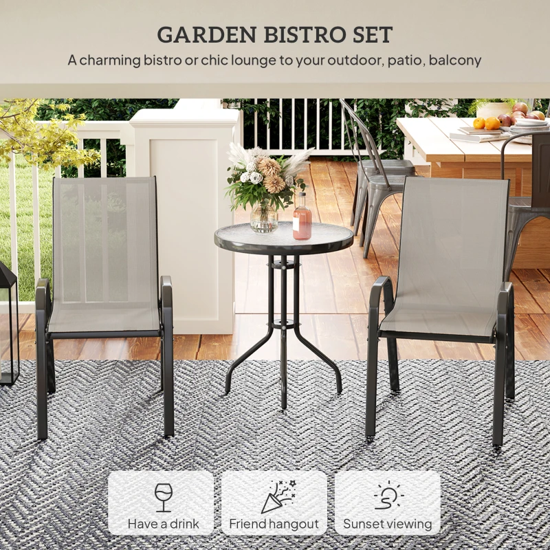 Outsunny 3 Pieces Bistro Set, Small Patio Furniture Set with Stackable Mesh Chairs, Glass Table for Garden, Balcony, Light Grey