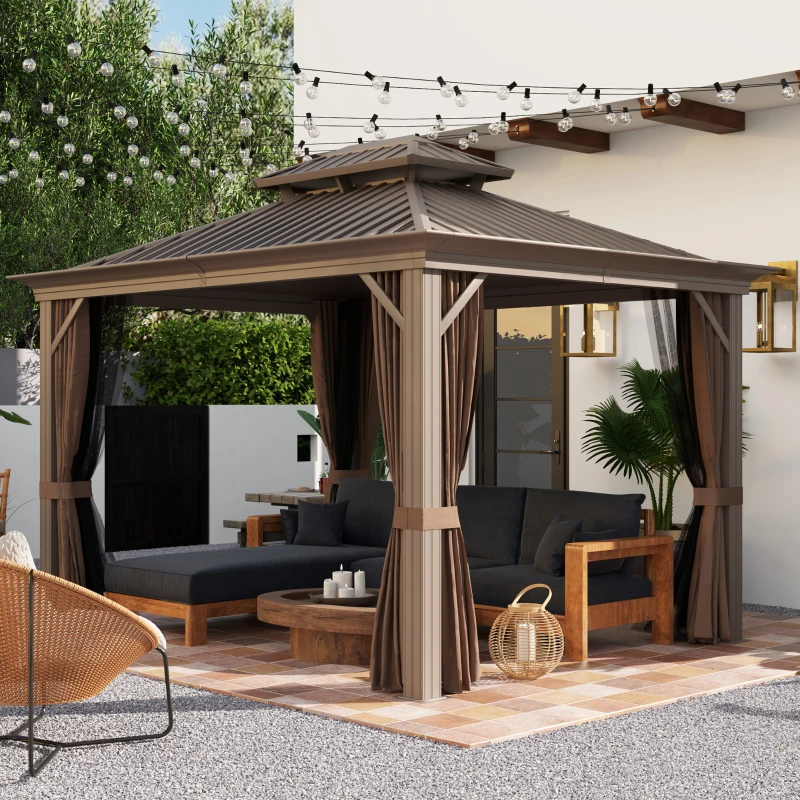 Outsunny 10' x 12' Hardtop Gazebo with Curtains and Netting, Permanent Pavilion Metal Double Roof Gazebo Canopy with Aluminum Frame and Hooks, for Garden, Patio, Backyard, Dark Brown