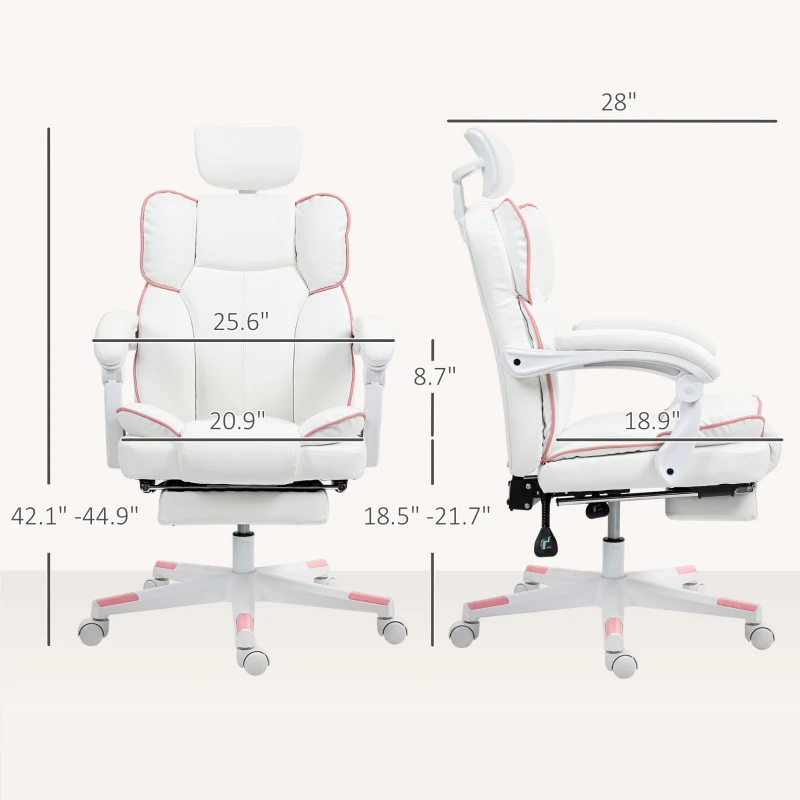 HOMCOM PU Leather Office Chair, Executive Desk Chair with Headrest, Foot Rest, Swivel Wheels, Reclining Computer Chair, White