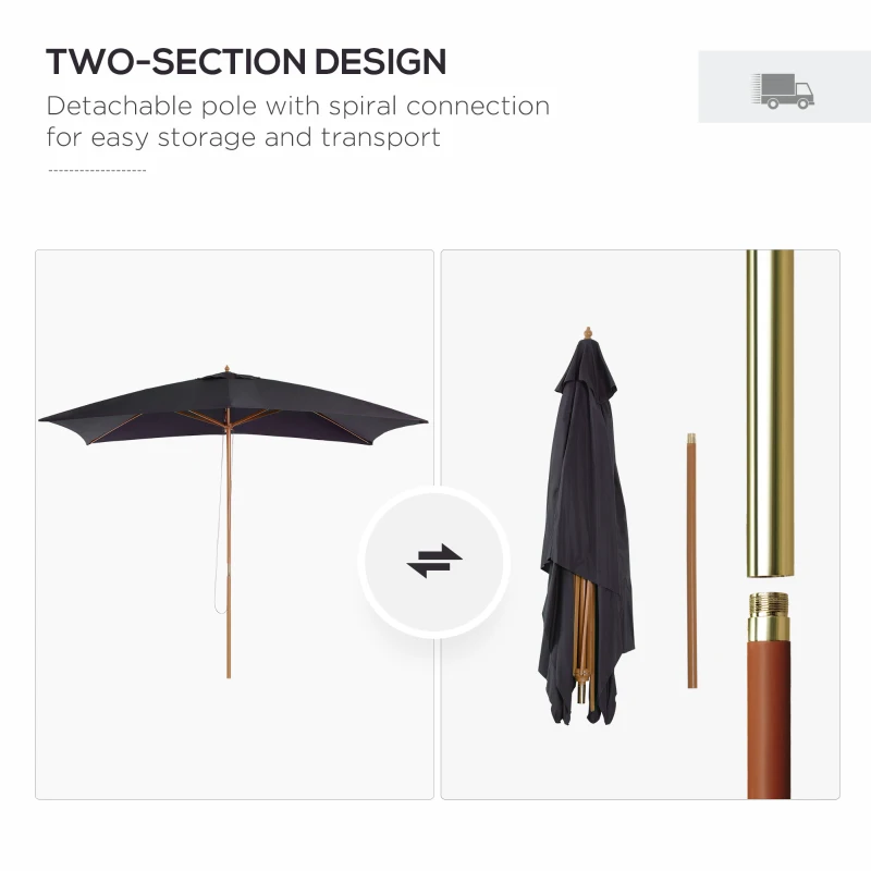 Outsunny 7' x 10' Wooden Patio Umbrella Rectangle Garden Parasol Outdoor Sunshade Canopy with Bamboo Ribs for Garden Black