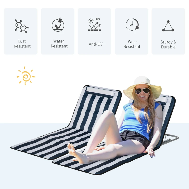 Outsunny 2 Pieces Beach Lounge Chair, Outdoor Folding Chaise Lounge Set w/ Pillow for Sunbath, Snap, Blue and White