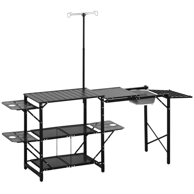 Outsunny Folding Camping Kitchen, Portable Aluminum Cook Station with Carrying Bag, 3 Side Tables, 2 Shelves for BBQ, Black