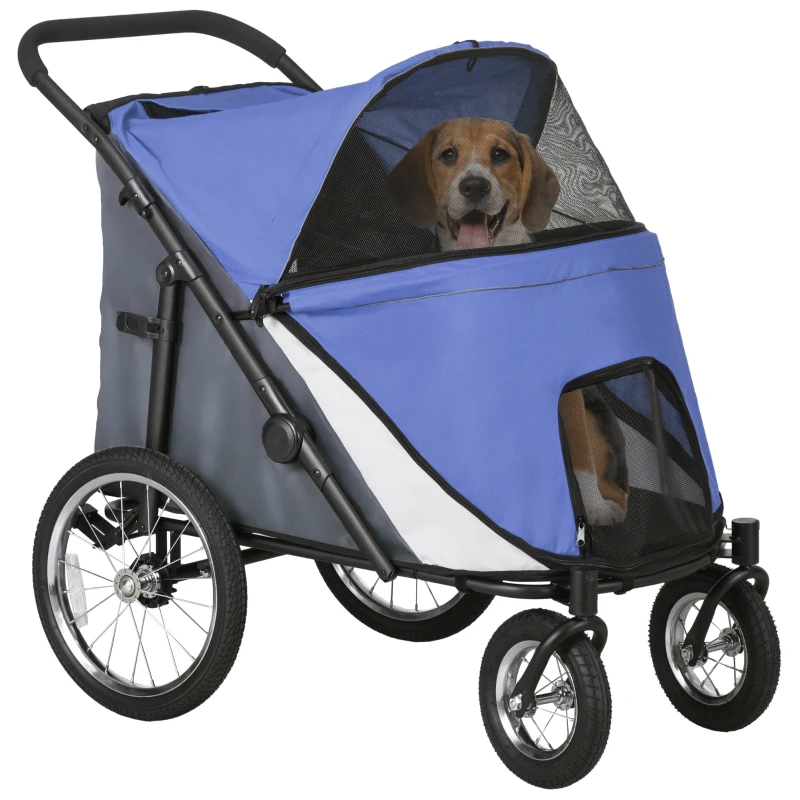 PawHut Easy Fold Dog Stroller with Storage Bags, Washable Cushion, Safety Leash for Medium and Large-Sized Pets, Blue