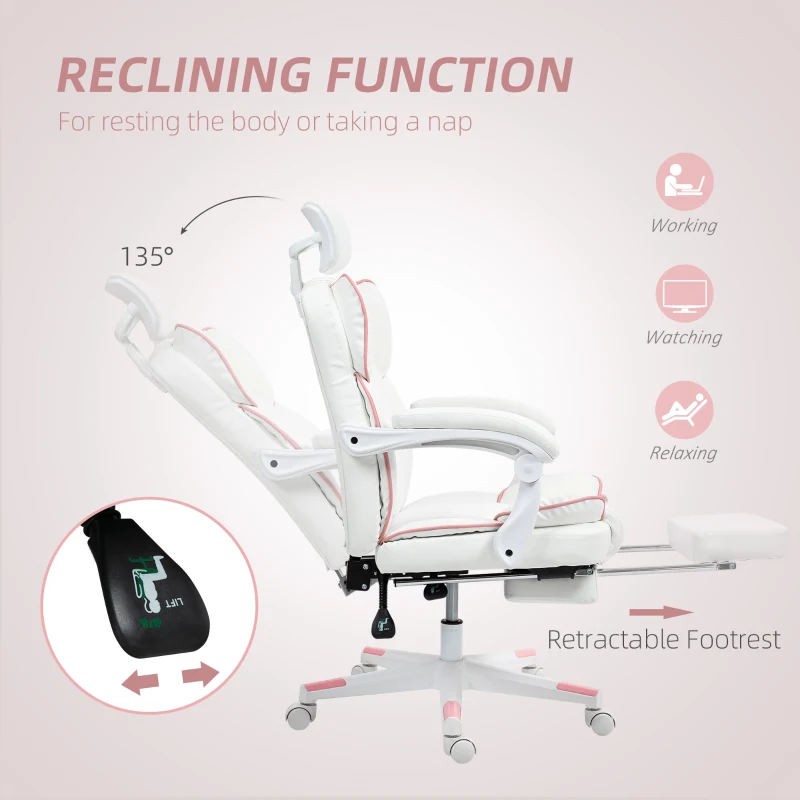 HOMCOM PU Leather Office Chair, Executive Desk Chair with Headrest, Foot Rest, Swivel Wheels, Reclining Computer Chair, White