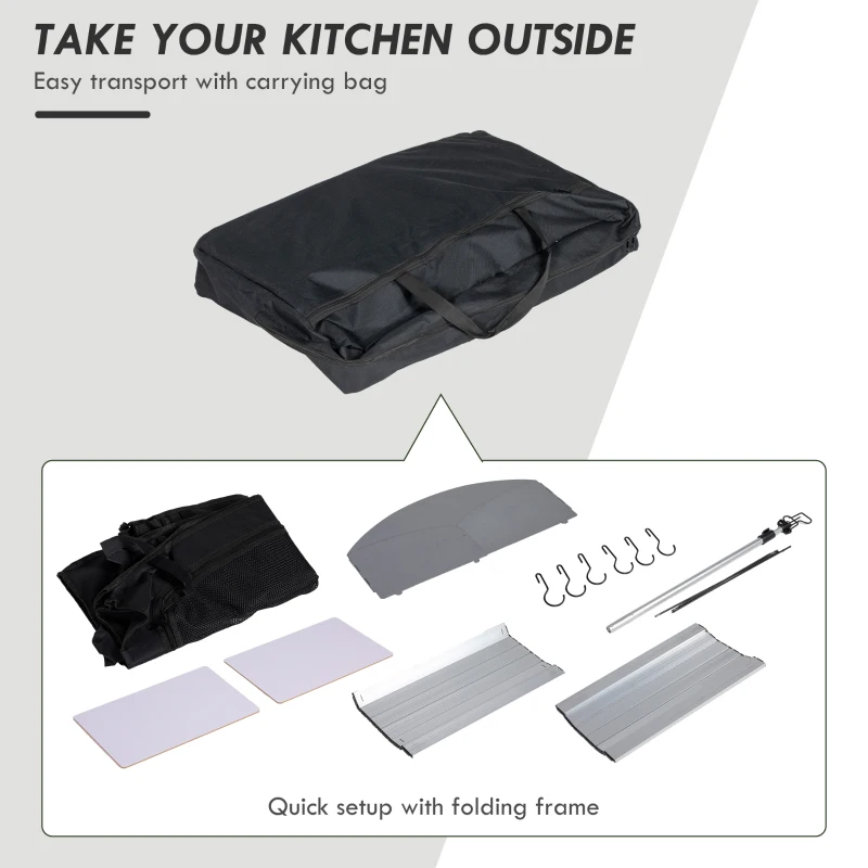 Outsunny Camping Kitchen Table, Aluminum Folding Camping Table with Storage Organizer, Windshield, Light Stand, Bag, Silver