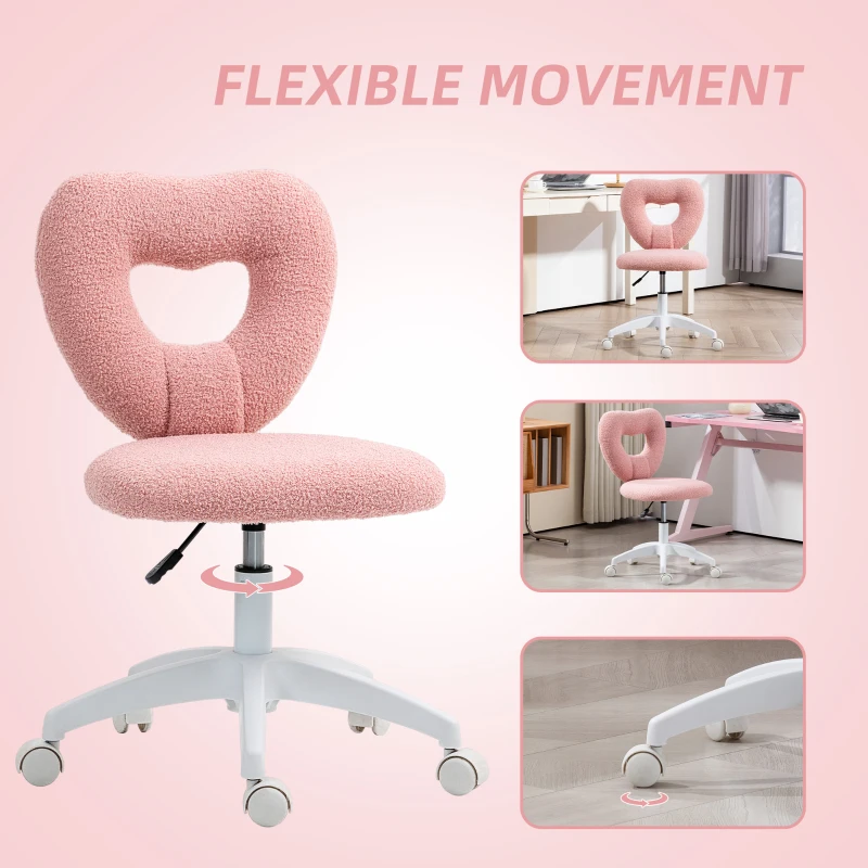HOMCOM Armless Computer Desk Chair, Office Task Chair, Teddy Fleece Heart Makeup Vanity Chair with Swivel Wheels, Pink