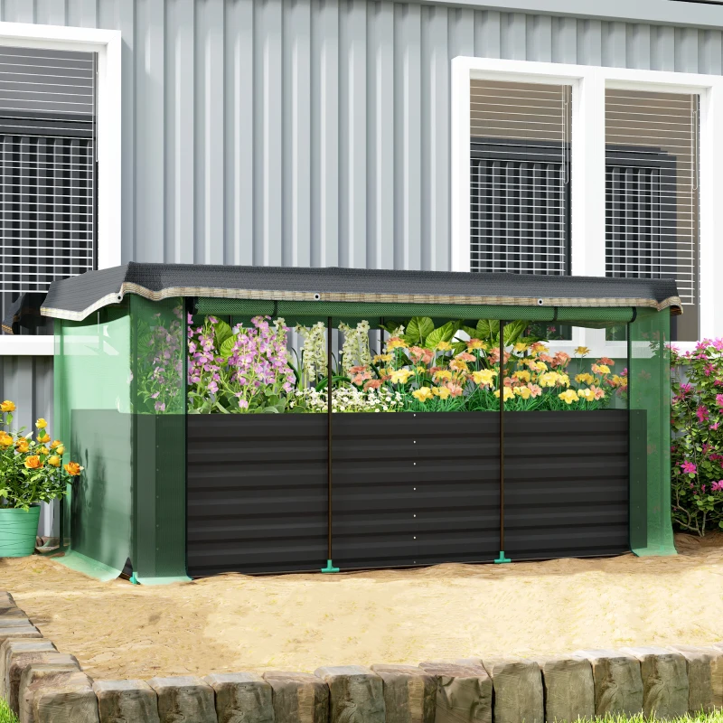 Outsunny Galvanized Steel Planter Box with Crop Cage and Shade Cloth, Raised Garden Bed for Flowers, Veggies and Herbs, Dark Gray