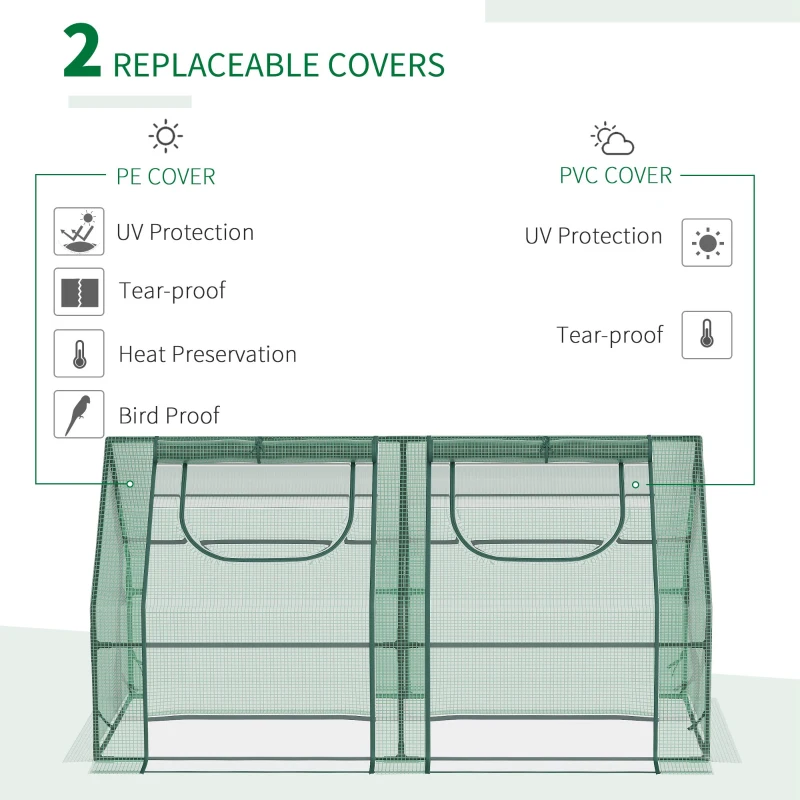 Outsunny 6' x 3' x 3' Portable Mini Greenhouse, Garden Green House Kit with 2 PE/Plastic Covers, Steel Frame and 2 Roll Up Zipper Windows, Dark Green