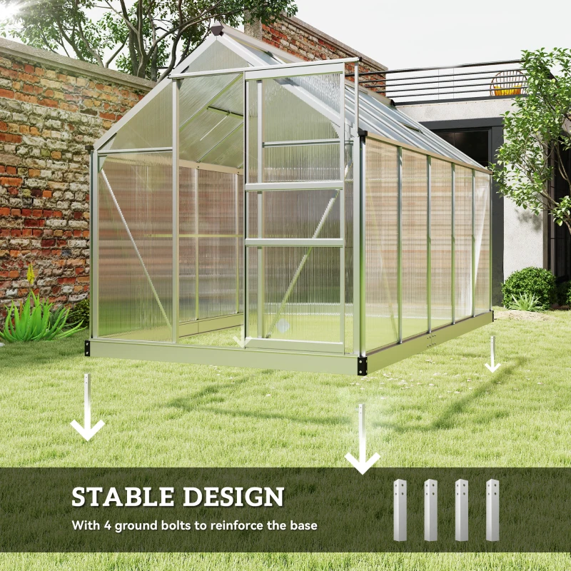 Outsunny 6' x 10' x 6.6' Polycarbonate Greenhouse, Walk-In Green House Kit Garden, Plants Grow, Galvanized Sheet Aluminum Frame with Rain Gutter, Vents and Sliding Door, Sliver