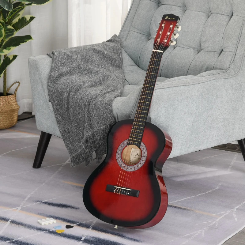 Soozier 36" Kids Acoustic Guitar Set with Easy Strings, Picks, and Waterproof Case Included, Beginner Acoustic Guitar for Kids, Portable Acoustic Child Guitar, Wine Red