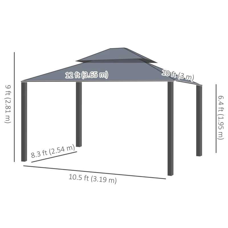 Outsunny 10' x 12' Outdoor Hardtop Gazebo with Galvanized Canopy & Netting Sidewalls for Lawn, Backyard, Dark Grey