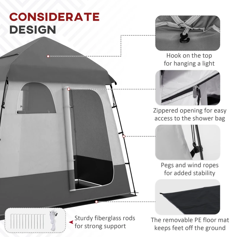 Outsunny Outdoor Portable Pop Up Shower Tent Changing Tent Privacy Enclosure with 2 Rooms, Shower Bag, Floor for Camping, Dark Grey