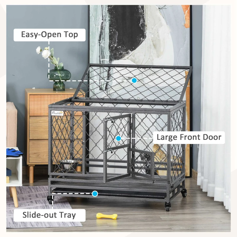 PawHut Heavy Duty Dog Crate w/ Wheels, Openable Top, Removable Tray, Bowl, for Large Dogs-Sized Dogs, 36.4" x 24.4" x 31.1"