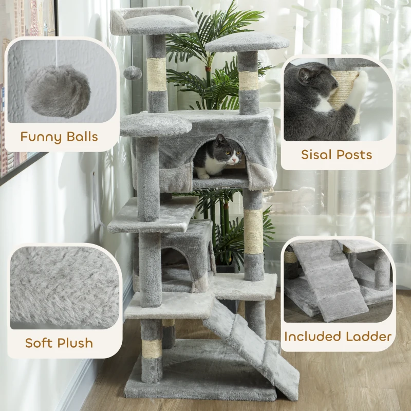 PawHut 53" Cat Tree Scratching Large Kitten Play House Multi-Level Activity Center Pet Furniture, Grey