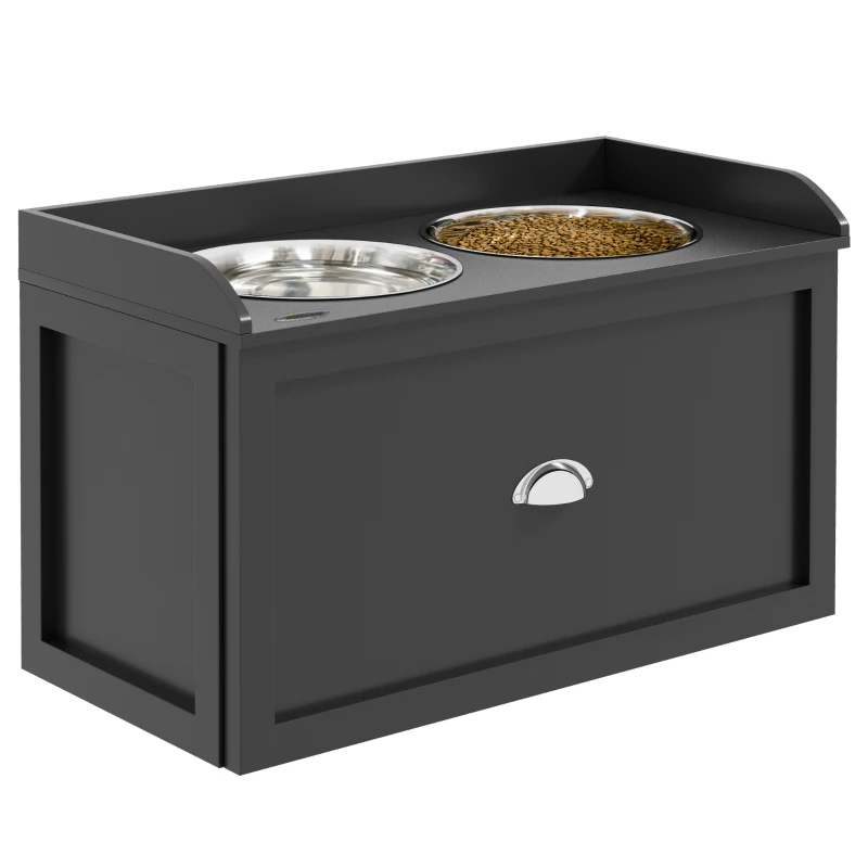 PawHut Elevated Dog Bowls Raised Pet Feeding Station with Storage 2 Stainless Steel Bowls, 23.6"x11.8" x14.2", Black