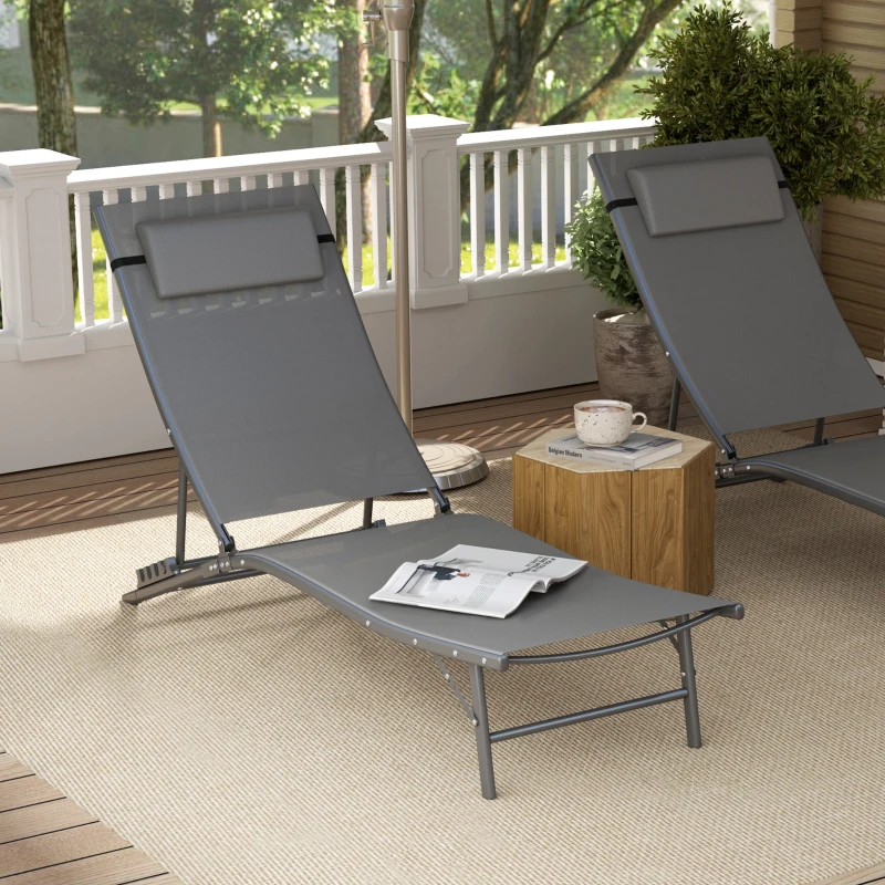 Outsunny Folding Outdoor Chaise Lounge Chair Set of 2 with Adjustable Backrest, Headrest, Mesh Seat for Beach, Poolside, Grey