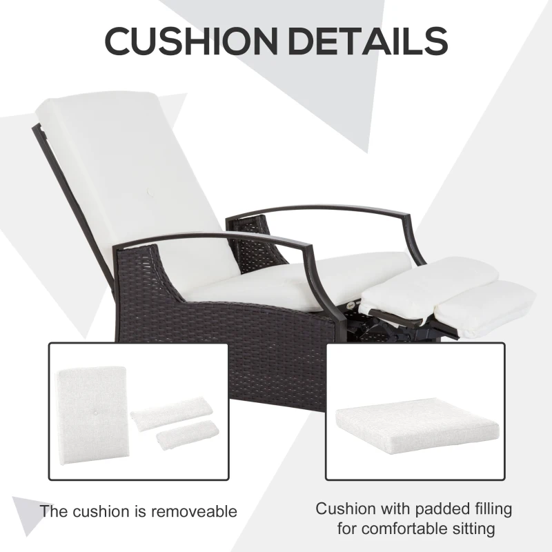 Outsunny Outdoor Rattan Recliner Chair, Wicker Reclining Chair with Adjustable Back Retractable Footrest Cushion White