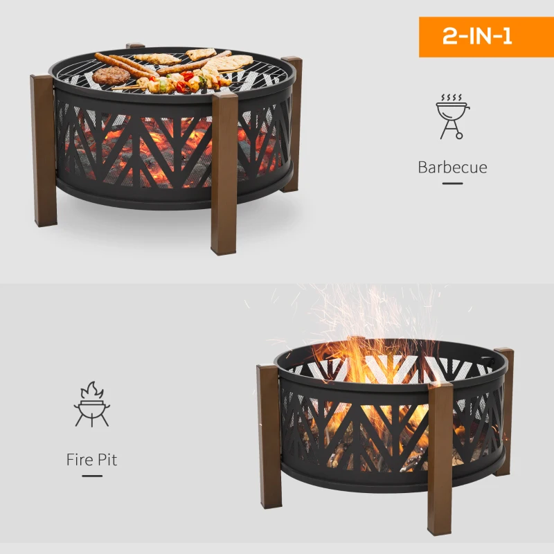 Outsunny 31" Outdoor Fire pit, 2-in-1 Wood Burning Fire Pit Brazier with Lid, BBQ Grill, Poker for Backyard, Camping, Black