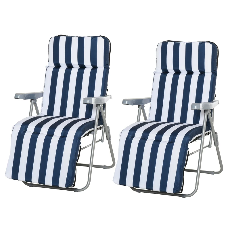 Outsunny Set of 2 Garden Sun Lounger Outdoor Reclining Seat Cushioned Seat Foldable Adjustable Recliner White and Blue