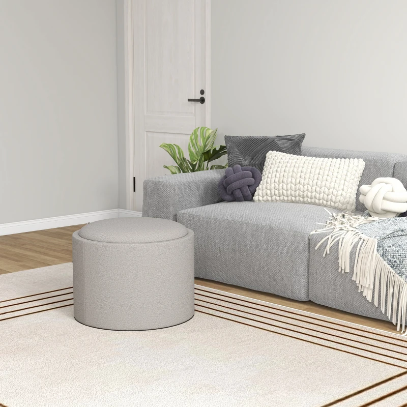 HOMCOM Round Storage Ottoman Coffee Table with Flip Top Tray, Linen Fabric Upholstered Footstool with Hidden Compartment