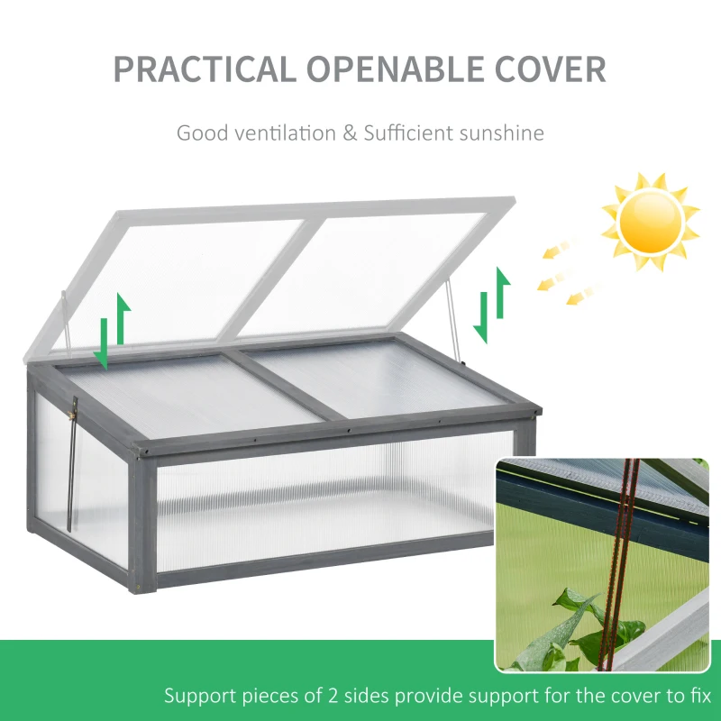 Outsunny 39" x 26" x 16" Wooden Cold Frame with Openable and Tilted Top Cover, Small Polycarbonate Planter Box for Flowers, Vegetables, Plants, Grey