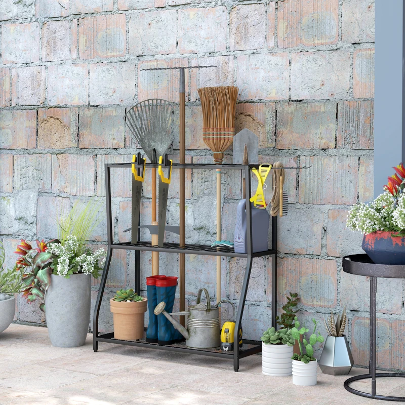 Outsunny 3-Tier Yard Tool Tower Rack, Garden Tool Organizer with Hooks for Long-Handled Rakes, Shovel, Broom, Black