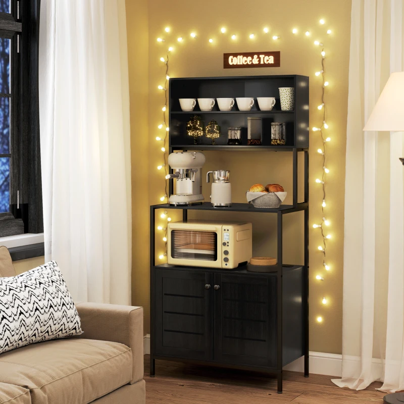 HOMCOM Baker's Rack with Power Outlet and Storage Shelves, Microwave Stand with Louvred Door Cabinets, Black