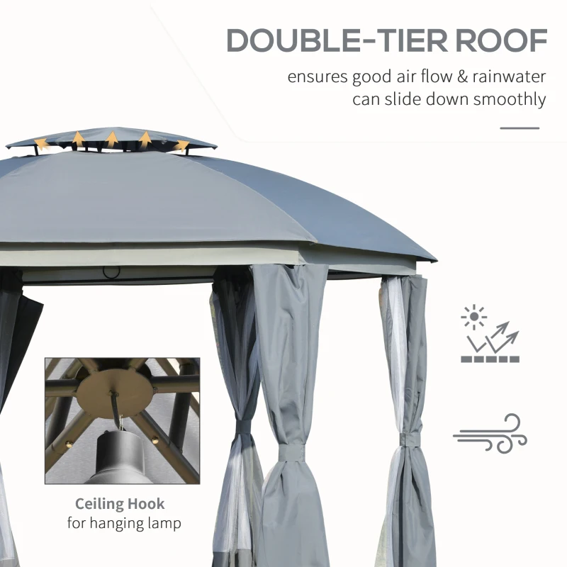 Outsunny 12' x 12' Round Outdoor Gazebo, Patio Dome Gazebo Canopy Shelter with Double Roof, Netting Sidewalls and Curtains, Zippered Doors, Strong Steel Frame, Gray