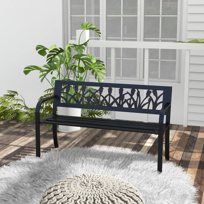 Outsunny 49" Metal Outdoor Bench Patio Bench with Curved Arms and Slatted Seat for Patio, Backyard, Lawn