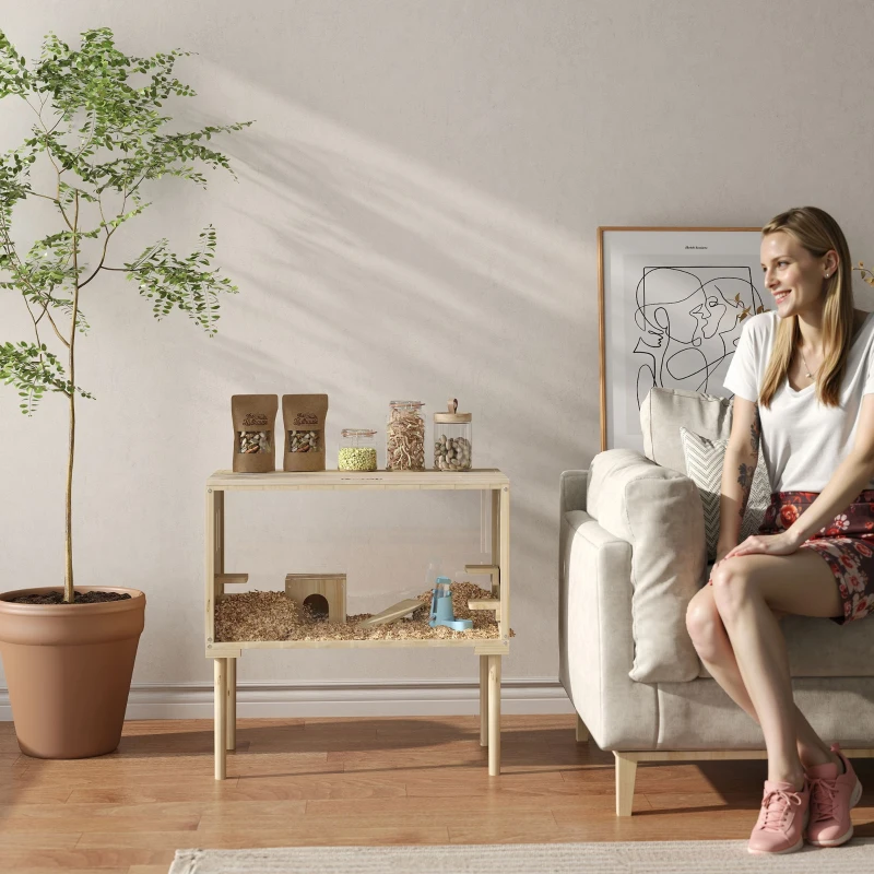 PawHut Wooden Hamster Cage with Legs, Gerbil Cage for Syrian, Dwarf, Mouse, 28" x 16" x 29.5", Nature Wood