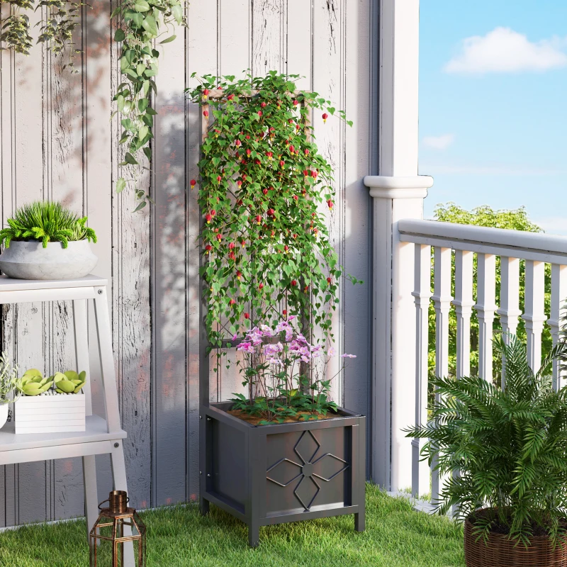 Outsunny Galvanized Raised Garden Bed with Trellis, Metal Planter Box with Drainage Holes for Climbing Plants, Vegetable, Vines