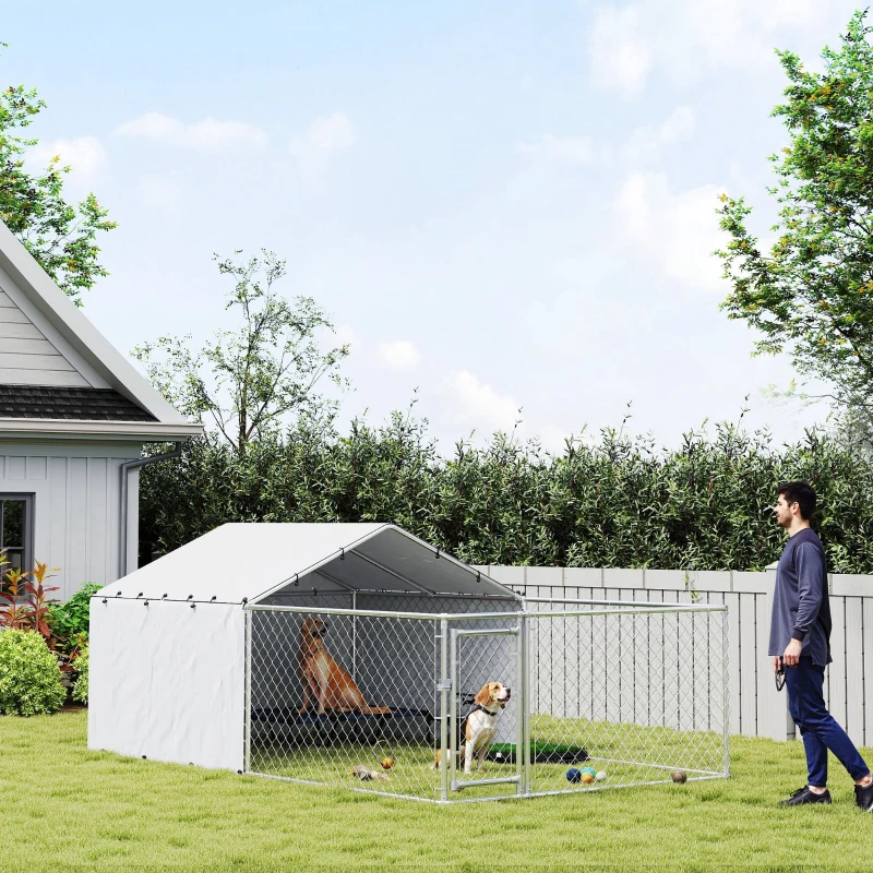 PawHut Galvanized Steel Dog Kennel Outdoor with Waterproof & UV-Resistant Cover for Large Dogs, 13.1' x 7.5' x 4.9'