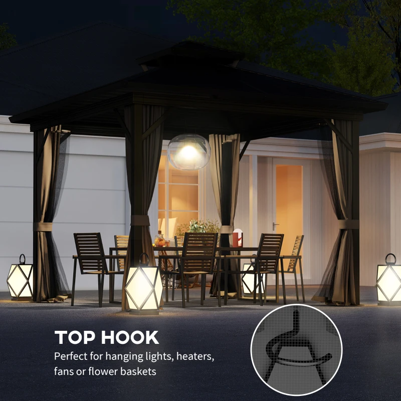 Outsunny 10' x 10' Hardtop Gazebo with Aluminum Frame, Metal Roof Gazebo Canopy w/ Hook, Curtains included, Dark Brown