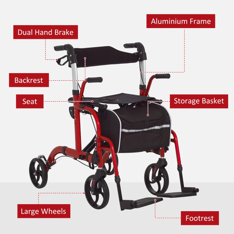 HOMCOM Rollator Walker with Seat, Folding Rolling Walker with 8" Wheels, Walker for Seniors with Adjustable Height, Red