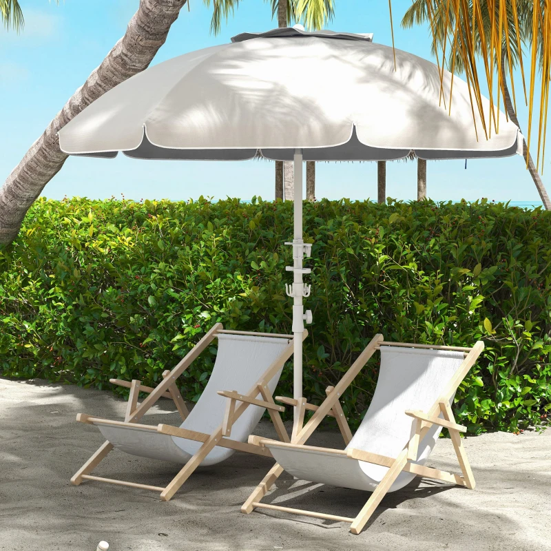Outsunny 5.7' Beach Umbrella for Travel with Tilt, Adjustable Height, 2 Cup Holders, Hooks, Vent, Ruffles, Cream White