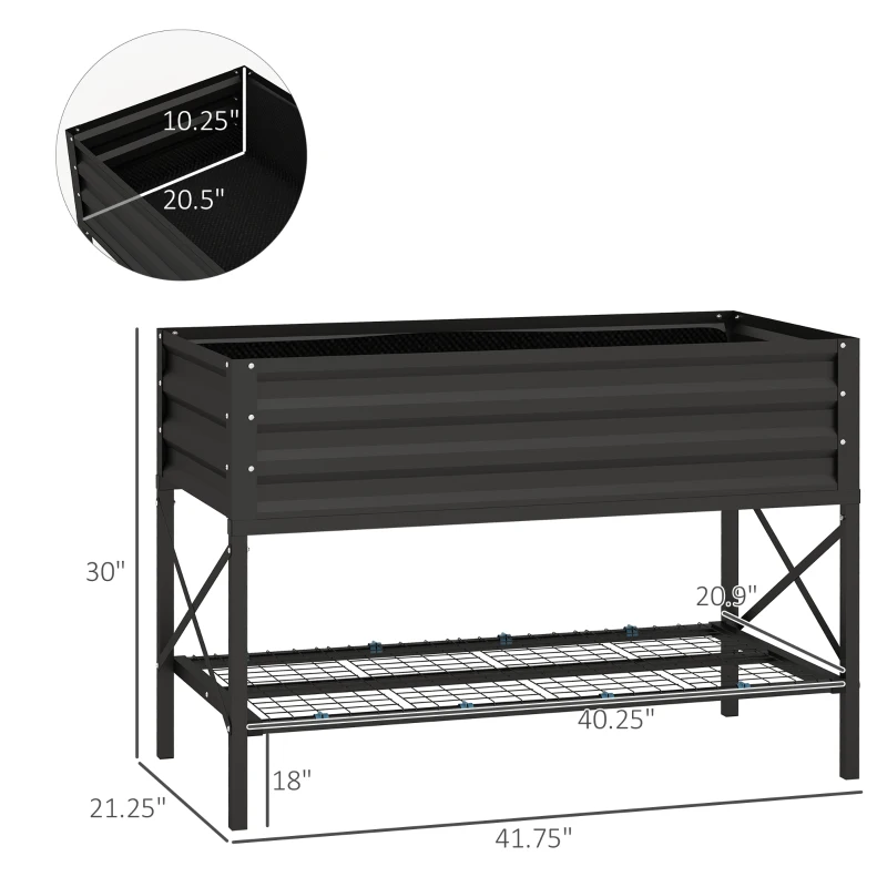 Outsunny Galvanized Raised Garden Bed, Metal Planter Box with Legs, Storage Shelf and Bed Liner, Black