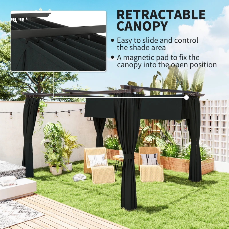 Outsunny 10' x 13' Pergola with Retractable Canopy and Curtains, UPF30+ Sun Shade Shelter for Grill, Garden, Backyard, Deck
