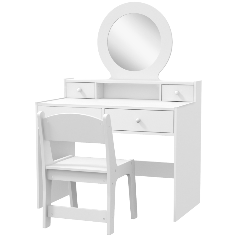 Qaba Kids Vanity Set, Children Makeup Table with Mirror, Stool and Storage Drawers, for Ages 3-8, White