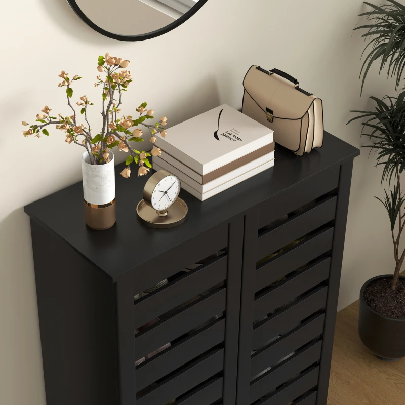 HOMCOM Shoe Storage Cabinet, Shoe Cabinet with 2 Slatted Doors for 15 Pairs of Shoes, Black