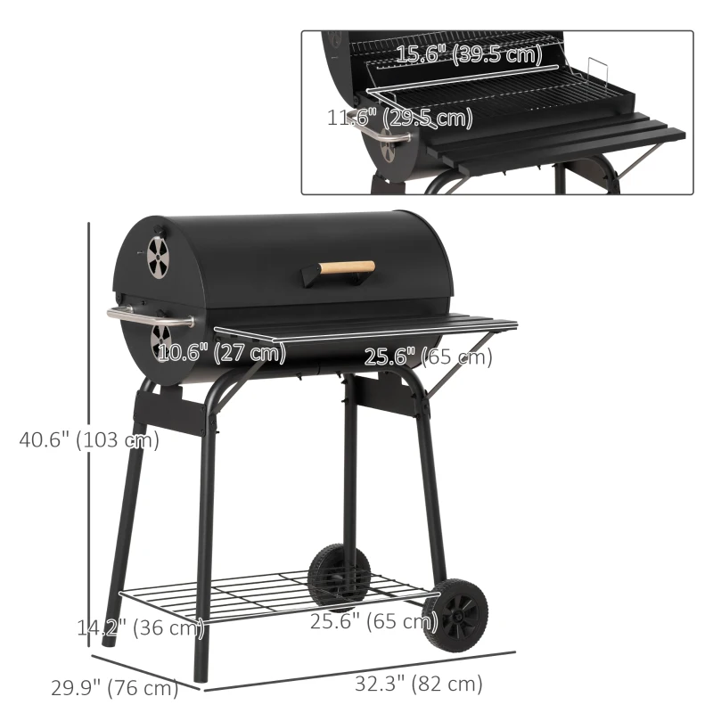 Outsunny 30" Charcoal Barbecue Grill with Wheels Outdoor Barbecue with Adjustable Charcoal Rack, Storage Shelf, Wheel, for Garden Camping Picnic