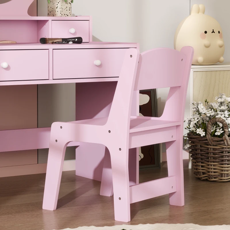Qaba Kids Vanity Set, Children Makeup Table with Mirror, Stool and Storage Drawers, for Ages 3-8, Pink